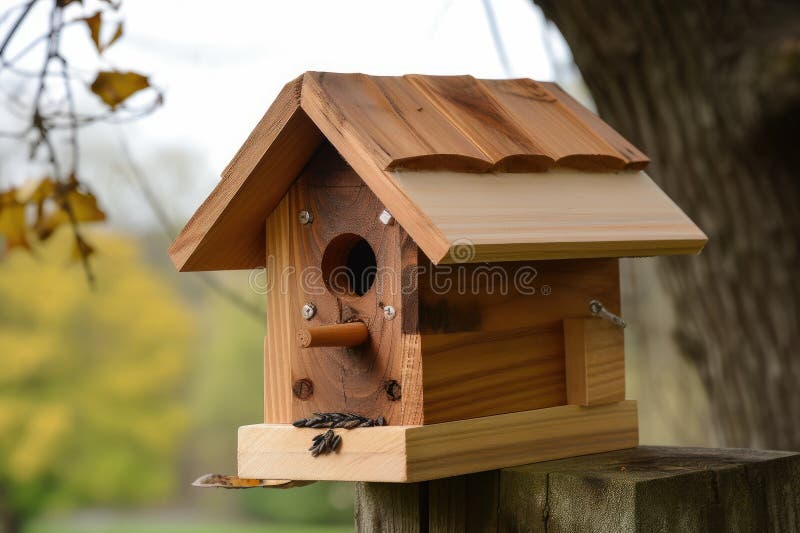 Closeup of Birdhouse, with Feeder and Seed Visible on the Side Stock
