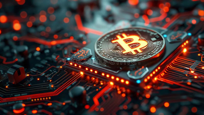 Close-Up of Bitcoin Coin on Detailed Circuit Board royalty free stock photos