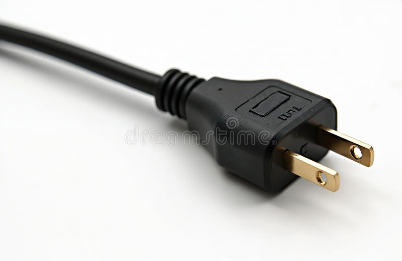 Close-up of black computer power cord with euro plug, isolated on white background. IEC VDE standard connection. Electrical royalty free illustration
