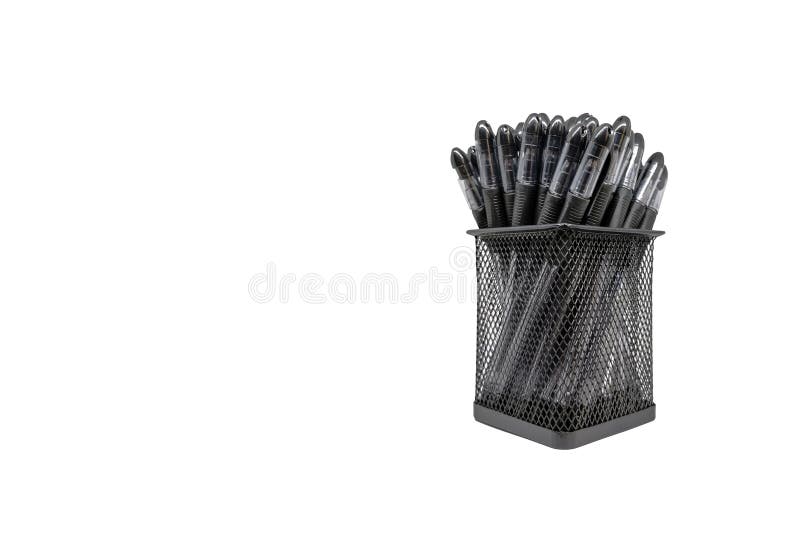 Close-up black pens in holder basket isolated white background without shadow with copy space