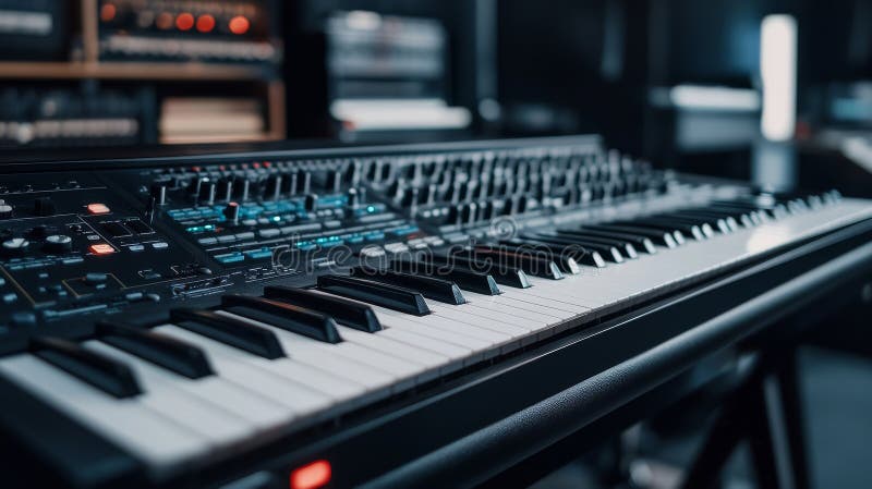 Close up of black and white electronic synthesizer with copy space vector illustration