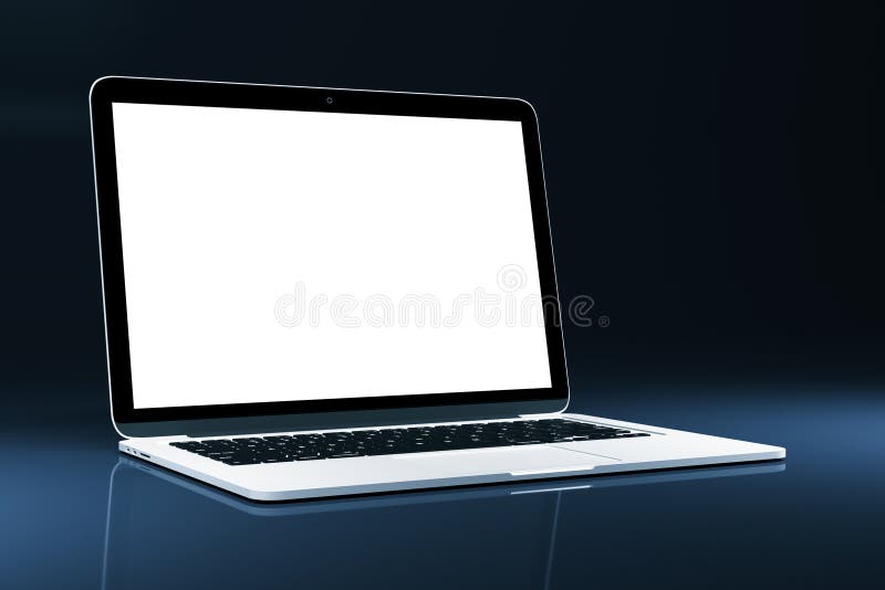 Blank White Laptop Screen on Glassy Table in Modern Office with