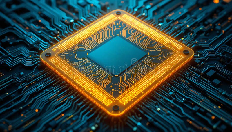 Close-up of a blue electronic circuit board with microchips and components showcasing technology and hardware royalty free illustration