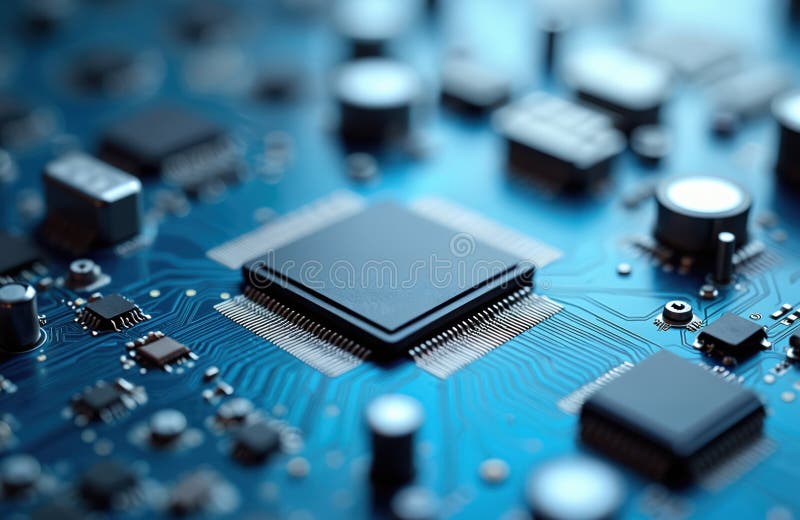 Close-up of blue electronic mainboard with microchips, integrated circuits. Technology background. Circuit board texture, computer vector illustration