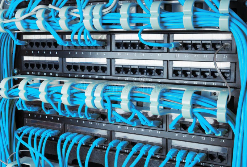 Close up of blue network internet cables connected to router stock image