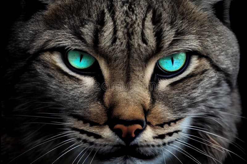 Close-up of Bobcat S Face, with Its Green Eyes Shining Stock Photo