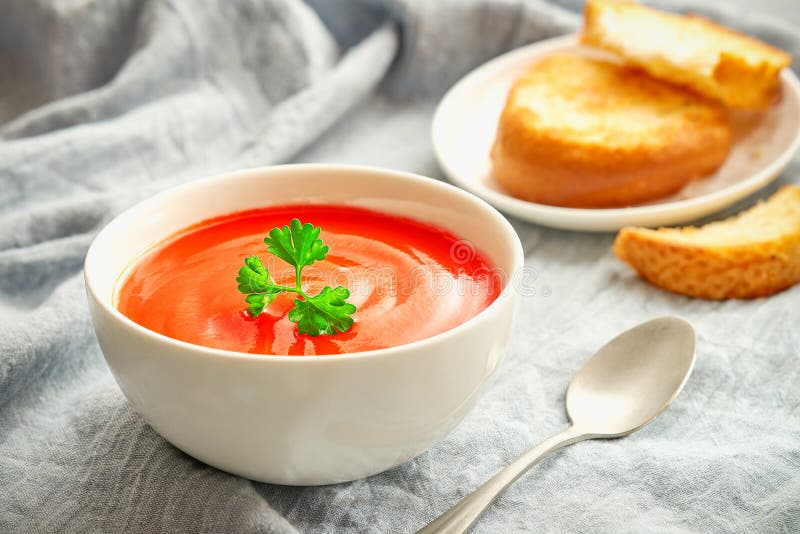 Close Up Bowl of Tomato Soup and Toasted Bread Stock Image Image of
