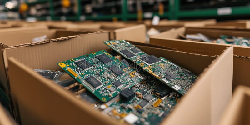 Close up of boxes containing computer circuit boards in warehouse setting vector illustration