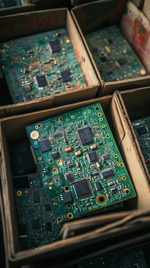 Close up of boxes containing sorted computer circuit boards and electronic components vector illustration