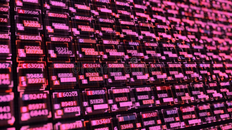 Close up of bright pink programming code rows changing and moving on digital screen, seamless loop. Animation. Abstract royalty free illustration
