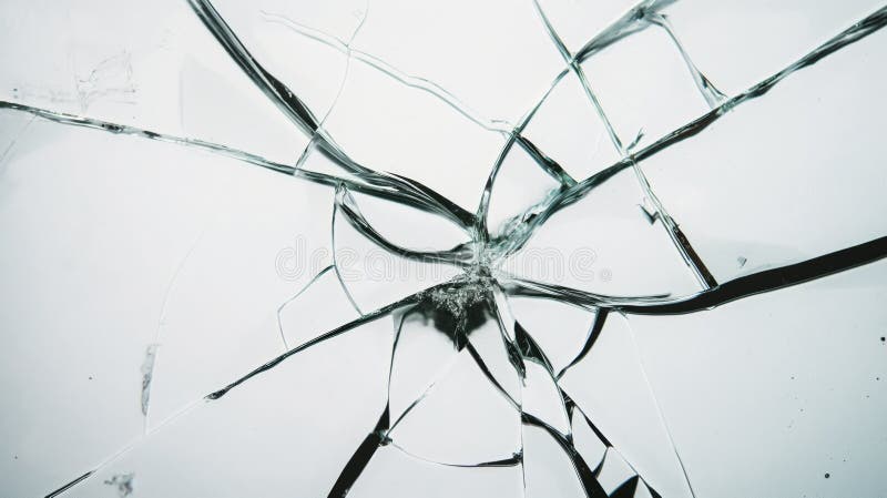 Close-up of broken glass with radiating cracks on a white surface. The fractures create a complex and dynamic pattern stock image