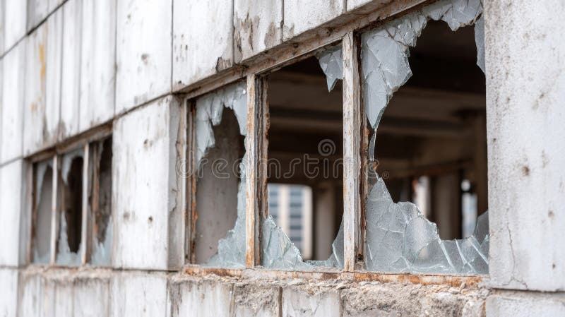 Weathered concrete facade crumbling, revealing shattered windows with fractured glass and soft shadowing during demolition process royalty free stock photo