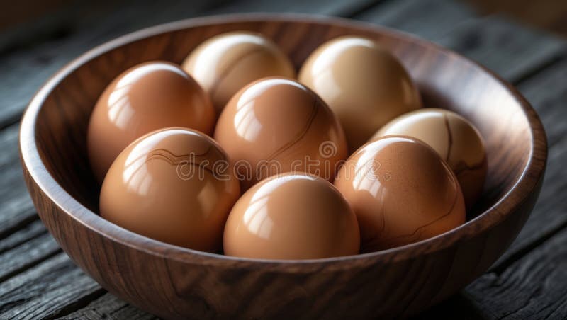 Close-up of brown eggs in a wooden bowl on a rustic wooden table stock illustration