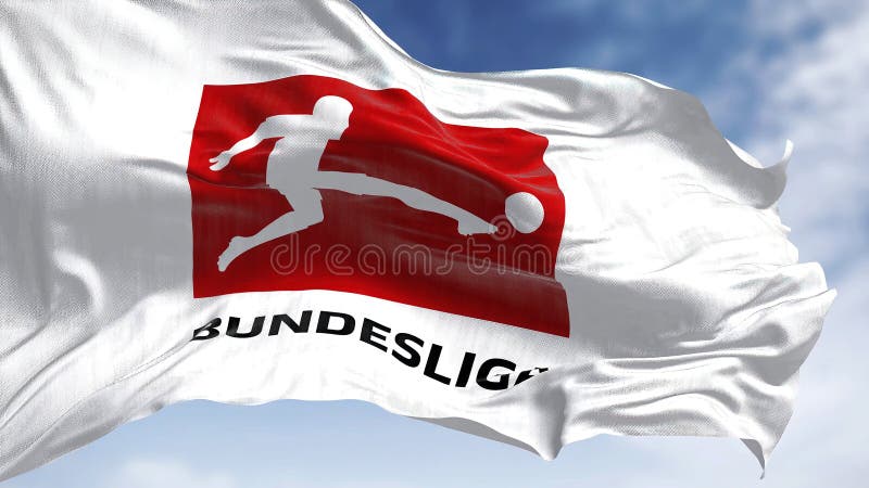 Munich, DE, Nov 2022: Close-up of the Bundesliga flag waving in the wind. Bundesliga is a professional association football league in Germany. Illustrative editorial. 3d illustration