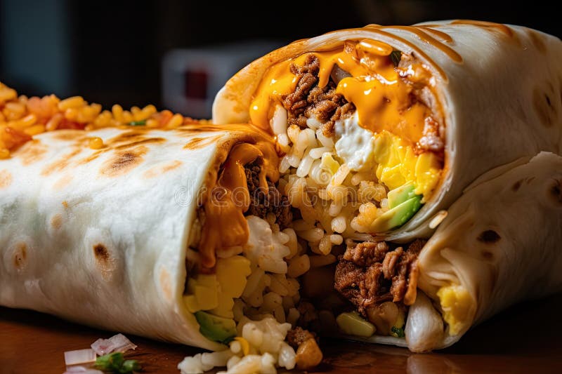 Closeup of Burrito, with Cheese, Meat and Sauces Peeking Out Stock