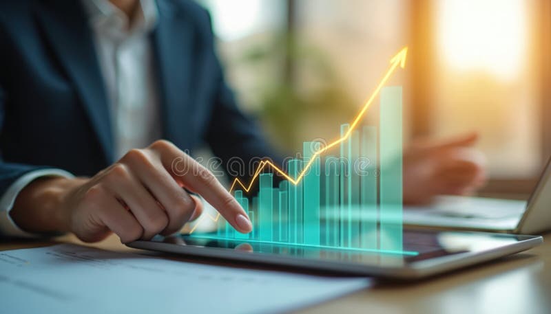 Close-up of business analyst pointing at growth chart on tablet. Financial analysis data shown on diagram. Corporate worker stock images