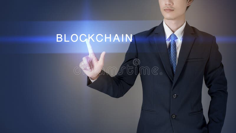 Close up a business man is touching blockchain button on virtual screen. Blockchain network analysis stock images, royalty-free photos and pictures
