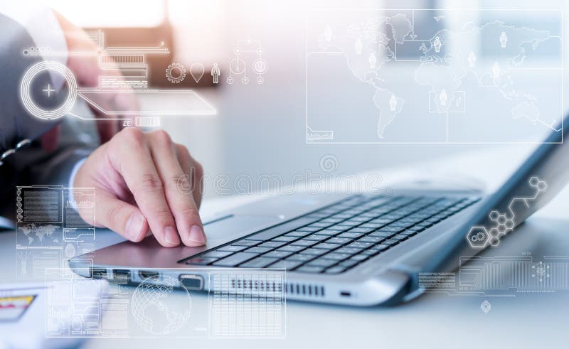 Close up of business man typing on laptop computer royalty free stock images