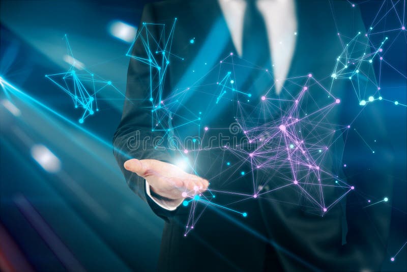 Close up of businessman hand holding abstract creative polygonal network on blurry background. Metaverse, technology and science royalty free stock images