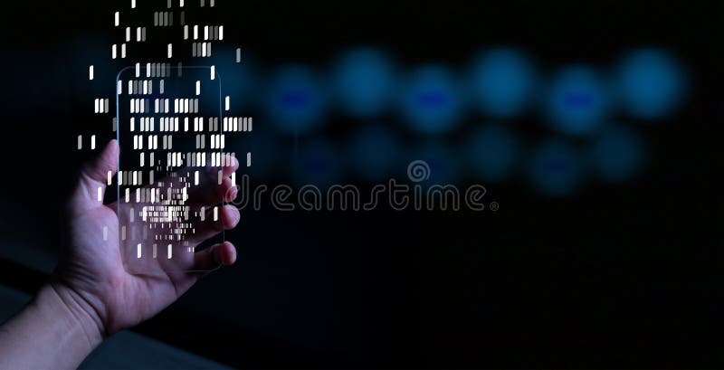 Close up of businessman hand holding smart phone with abstract glowing big data hologram with binary code stock photo
