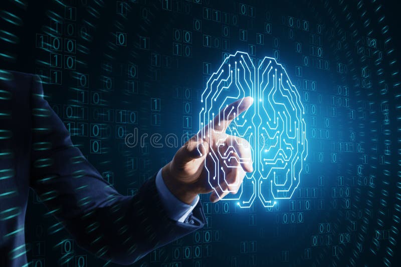Close up of businessman hand pointing at glowing brain hologram with binary coding on blue background. Programming, machine stock illustration
