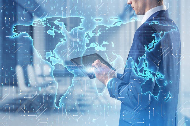 Close up of businessman hand using tablet with glowing binary code map hologram on blurry office interior background. Software and stock photo