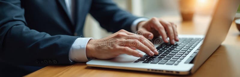Close-up of businessman hands typing on laptop keyboard at desk. Man in suit works on computer in office or at home. Focus on royalty free illustration