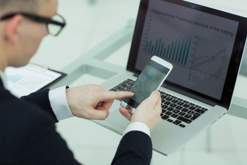 Close Up Businessman Uses Gadgets To Check Financial Data Stock Image Image Of Financial