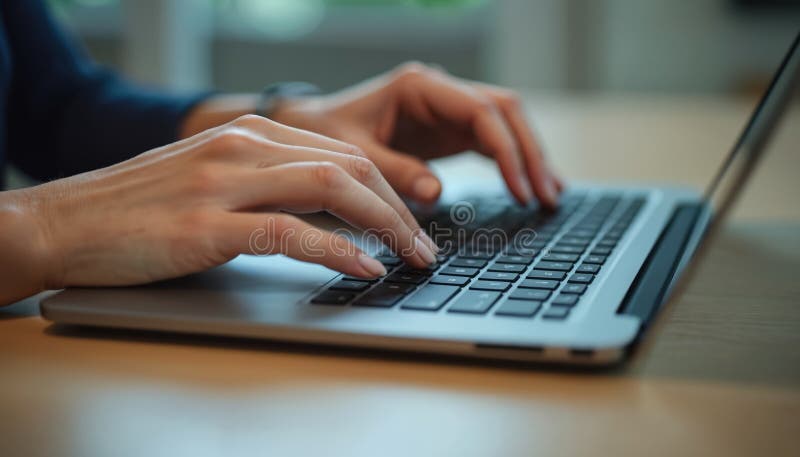Close-up businesswoman hands type on laptop keyboard. Female worker uses computer for online communication, browsing information. royalty free stock photos