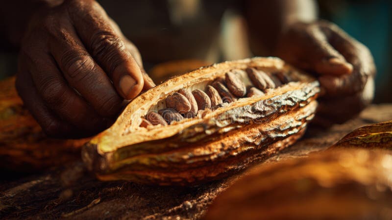 Close-up of Cacao Pod Being Split Open with Glossy Seeds Exposed stock images