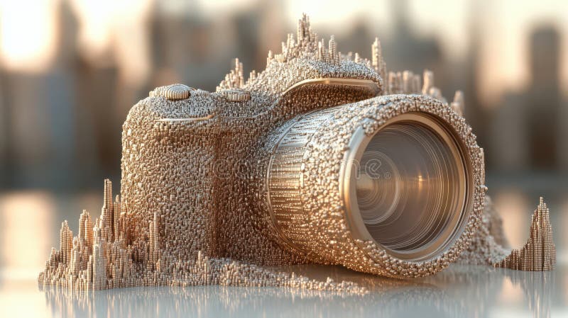 A close up of camera focused on city skyline in the background fotografia de stock royalty free