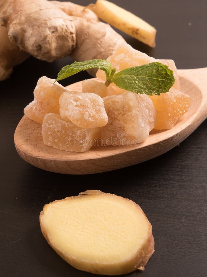 Close Up of Candied Crystallized Ginger Candy Pieces and Ginger