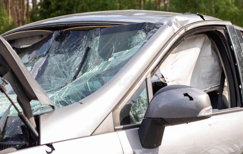 Closeup of a Car with a Broken Windshield after a Fatal Crash