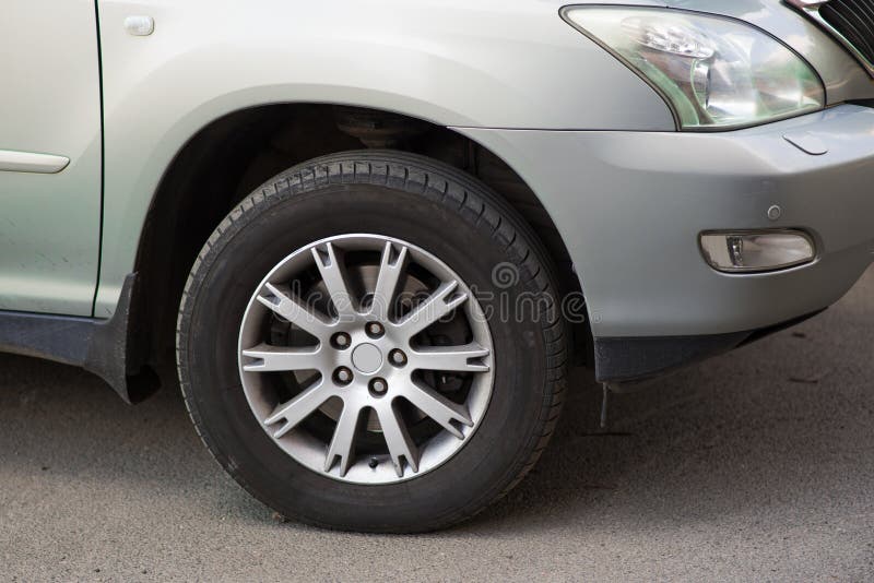 Closeup of a Car Wheel with a Disc and a Tire. Stock Image Image of