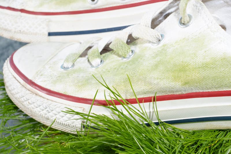 Close Up Casual White Shoes Dirty Grass Stains. daily Life Stain ...