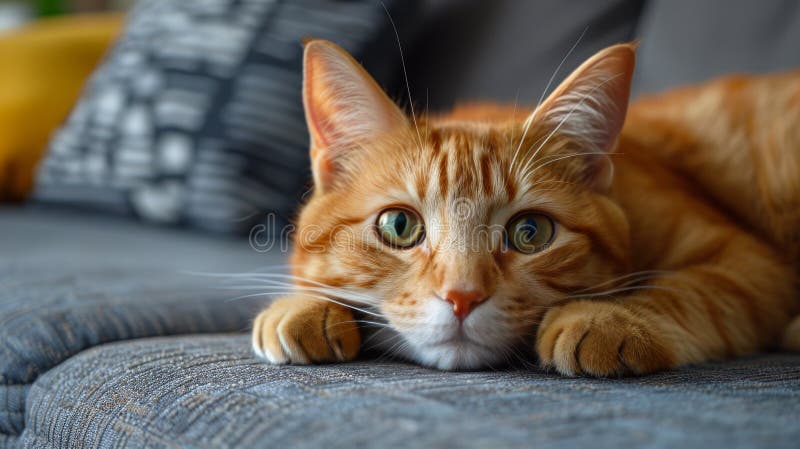 A close-up view of a domestic cat leisurely laying on a couch, showcasing its relaxed demeanor and soft fur. AI Generative AI generated. A close-up view of a domestic cat leisurely laying on a couch, showcasing its relaxed demeanor and soft fur. AI Generative AI generated