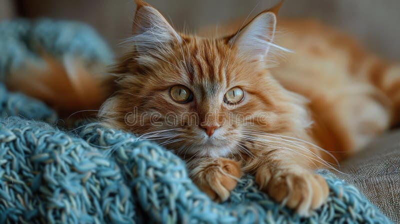 A close-up view of a domestic cat leisurely laying on a couch, showcasing its relaxed demeanor and soft fur. AI Generative AI generated. A close-up view of a domestic cat leisurely laying on a couch, showcasing its relaxed demeanor and soft fur. AI Generative AI generated