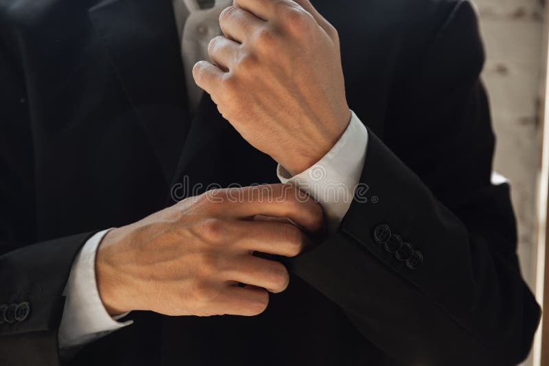 Close Up of Caucasian Male Hands, Wearing Classic Black Jacket Stock ...