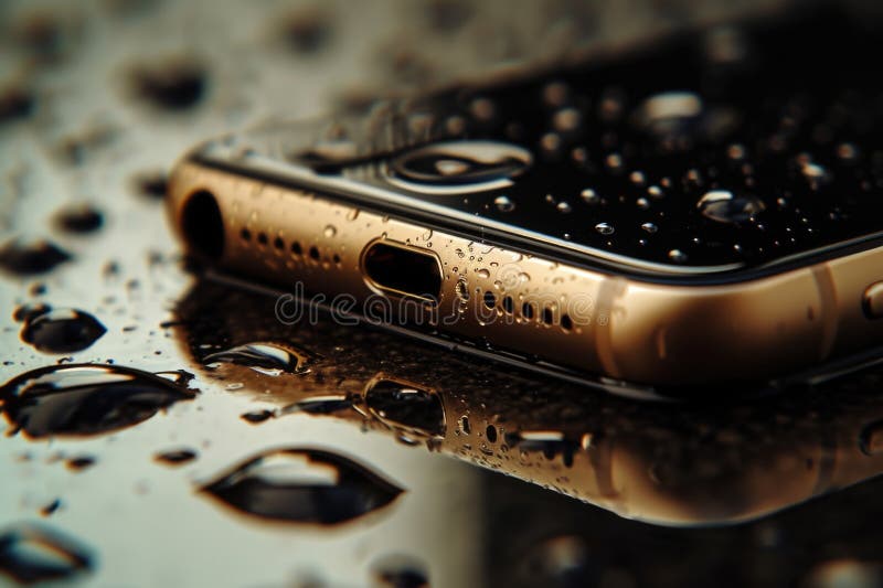 Close Up of Cell Phone on Wet Surface royalty free stock photo