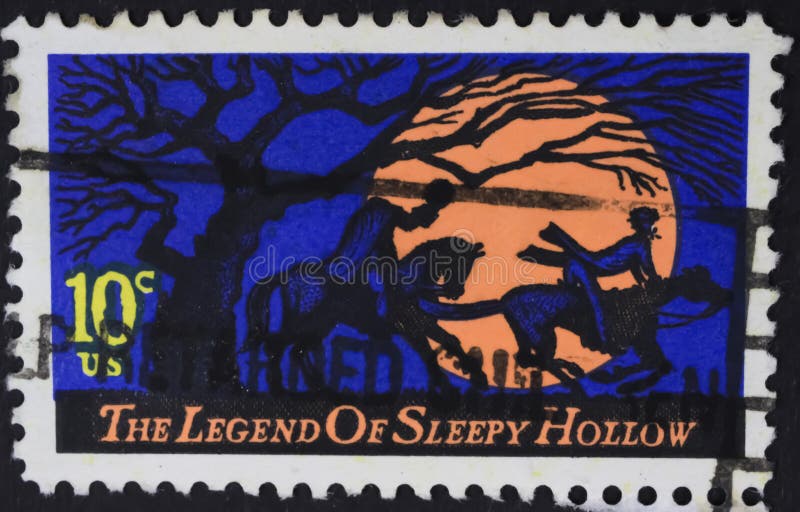 Close up of 10 cent US stamp with motive of the legend of sleepy hollow issued october 1974