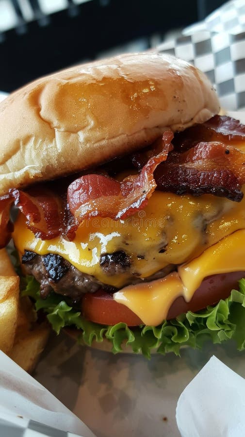 Close-up of a cheeseburger with bacon royalty free stock photography
