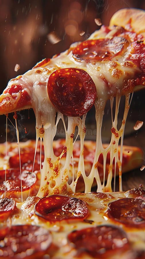 Close-up of a cheesy pepperoni pizza slice being pulled apart with melted cheese strings. royalty free stock photos