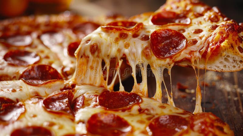 Close-up of a cheesy pepperoni pizza slice being pulled away stock photography