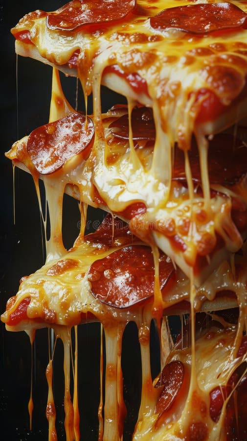 Close-up of cheesy pepperoni pizza slices with melting cheese stock photos