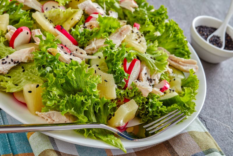 Chicken, Lettuce Salad with Ananas and Veggies Stock Photo - Image of ...