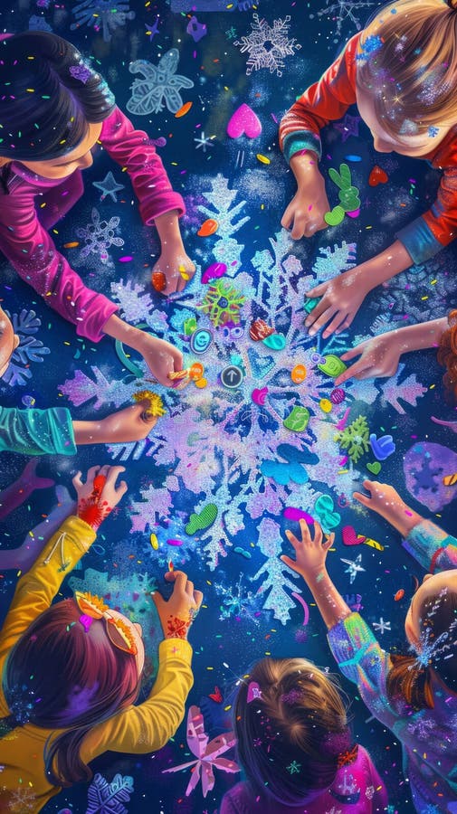 Close-up of a child adding glitter and stickers to a paper snowflake, while friends work on their own holiday crafts in royalty free stock image