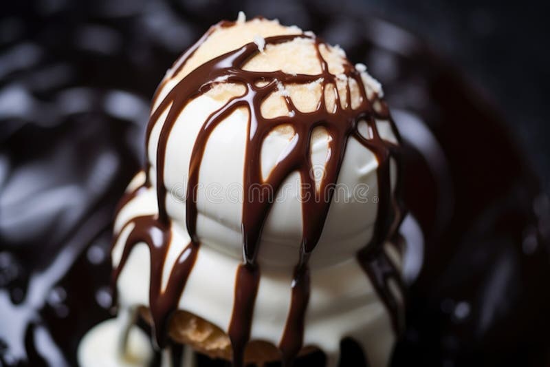 Close-up of a chocolate drip on a vanilla ice cream cone stock illustration