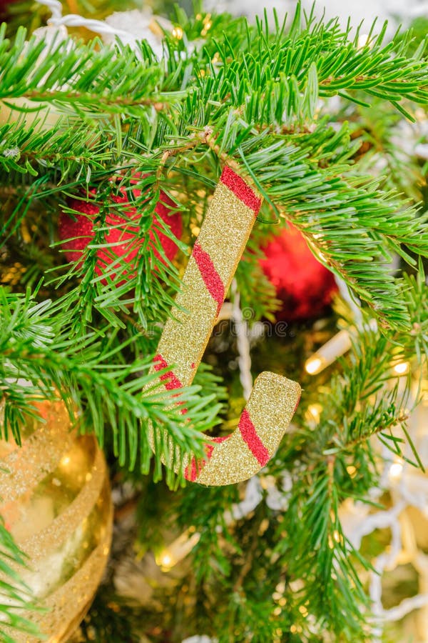 Close Up of Christmas Tree Decorated with Sparkling Candy Cane and