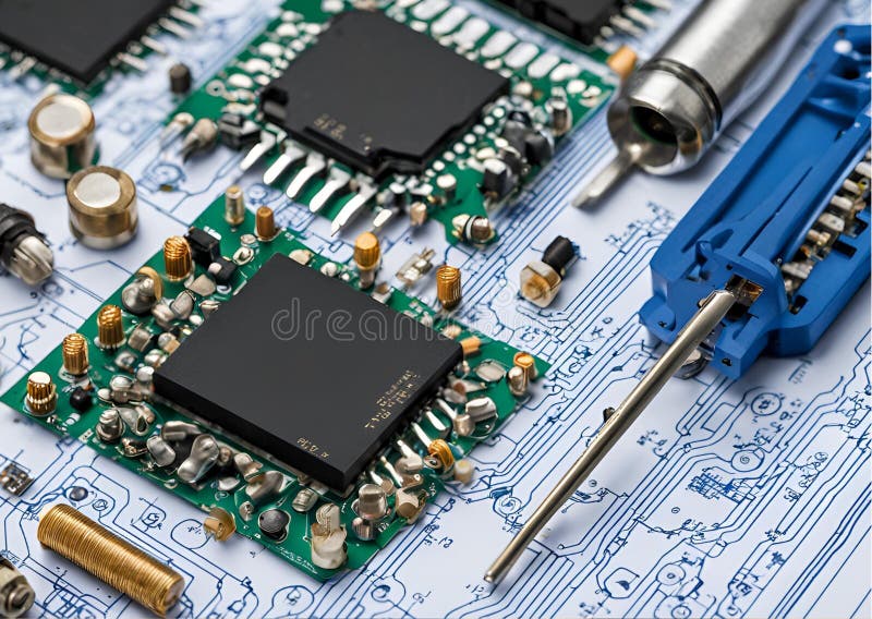 Close up of Circuit Board Components Microchips and Electronic Tools stock illustration.