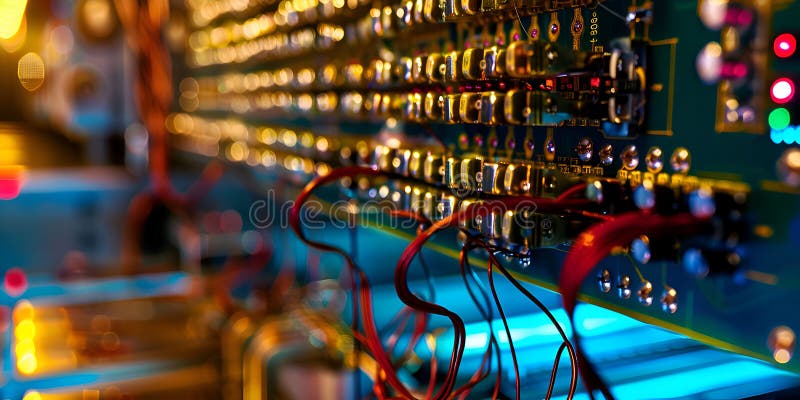 Close-up of Circuit Board with Wires and LEDs, Electronic Components on Circuit Board with Colorful Lights royalty free illustration